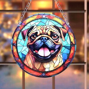 Pug Dog Suncatcher Metal Hanging Chain Colorful In or Outdoor Puppy Pet Window